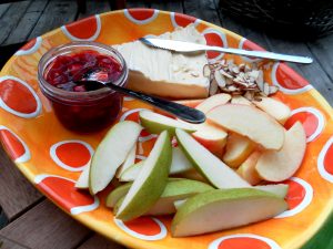 Fruit platter with Trader Joe's Raw Honey and Almonds