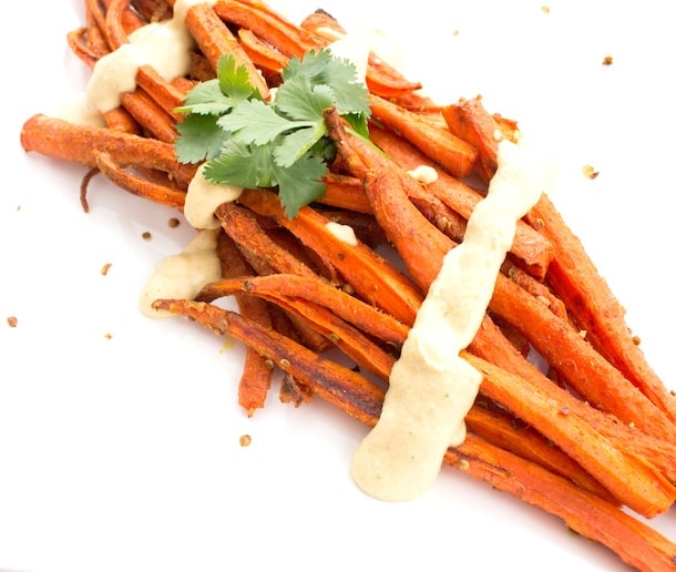 Roasted Carrots with Crushed Coriander & Hummus Sauce