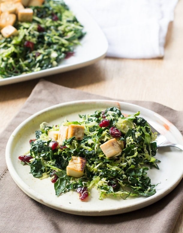 Warm Brussels Sprout and Kale Salad with Glazed Tofu | heartbeet kitchen