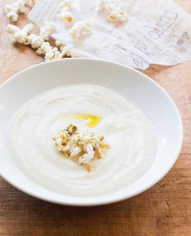 Creamy Cashew Cauliflower Soup with Herb Popcorn
