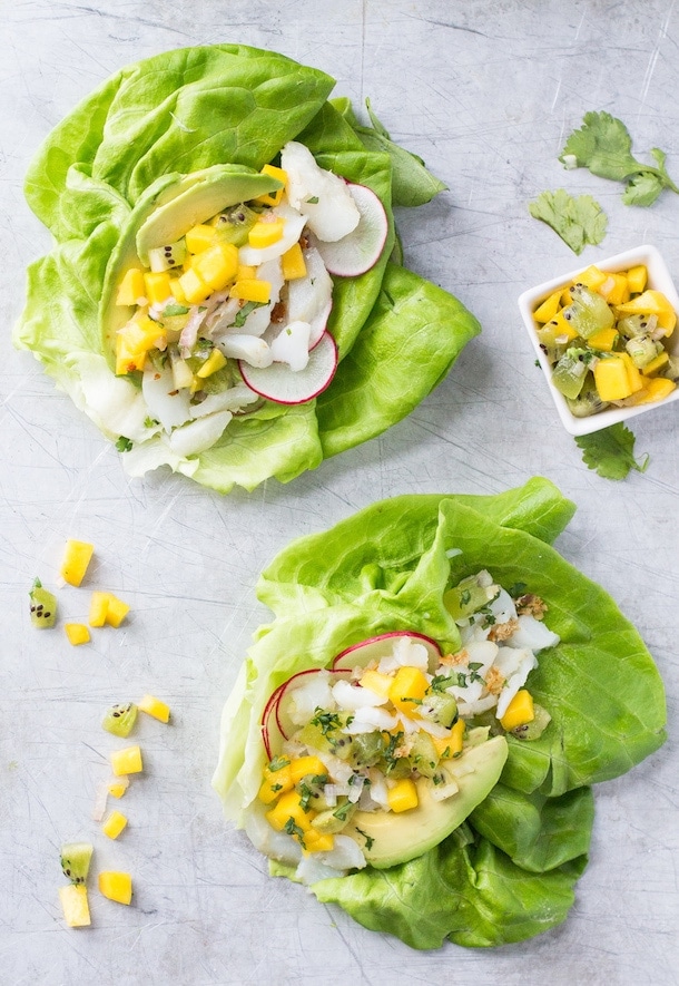 Fish Taco Lettuce Wraps w/ Mango Kiwi Salsa {AIP, Paleo}
