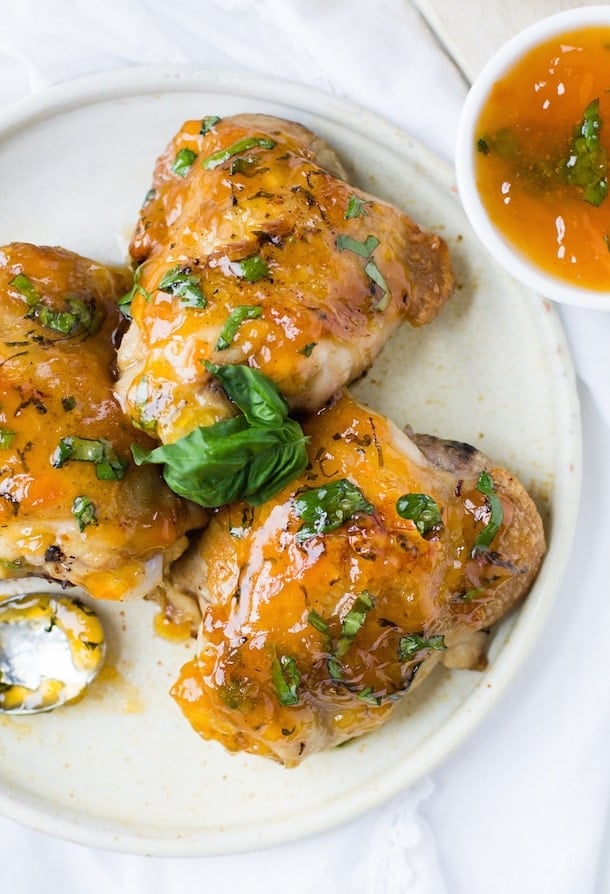 Crispy Chicken Thighs with Apricot Basil Glaze {gluten-free}