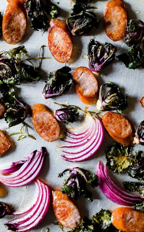Chicken Sausage, Kalette, and Red Onion Sheet Pan Supper {paleo}