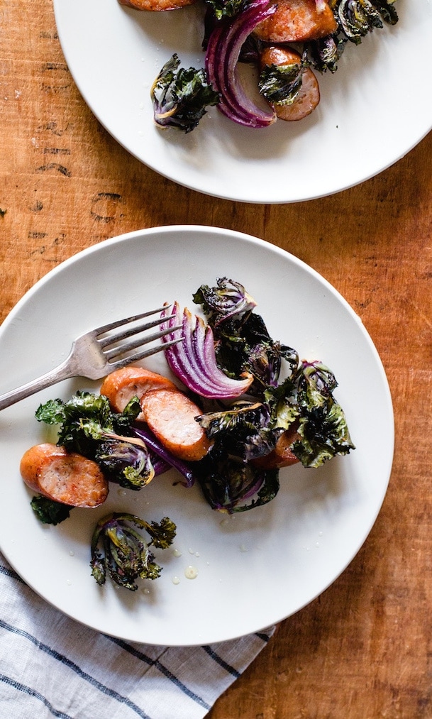 Chicken Sausage, Kalette, and Red Onion Sheet Pan Supper {paleo}