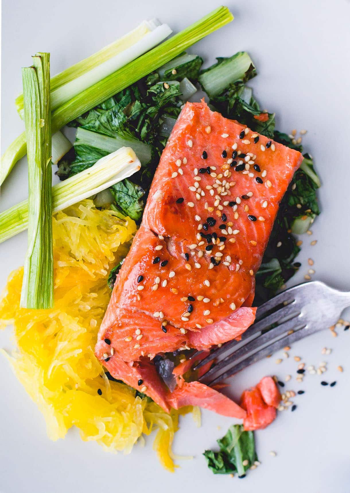 Gluten-Free Sesame Salmon with Spaghetti Squash & Roasted Leeks {via heartbeet kitchen}