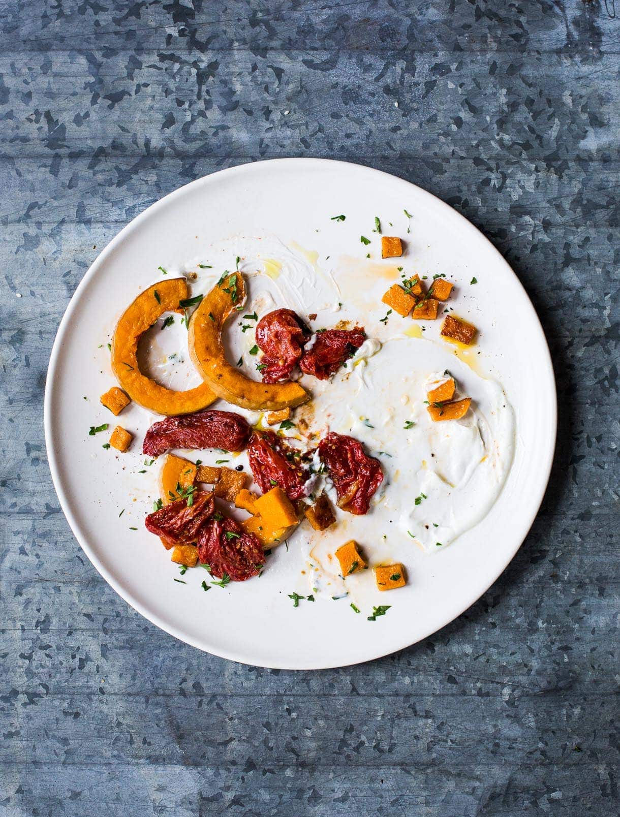 Roasted Tomatoes and Butternut Squash with Cardamom Yogurt Sauce