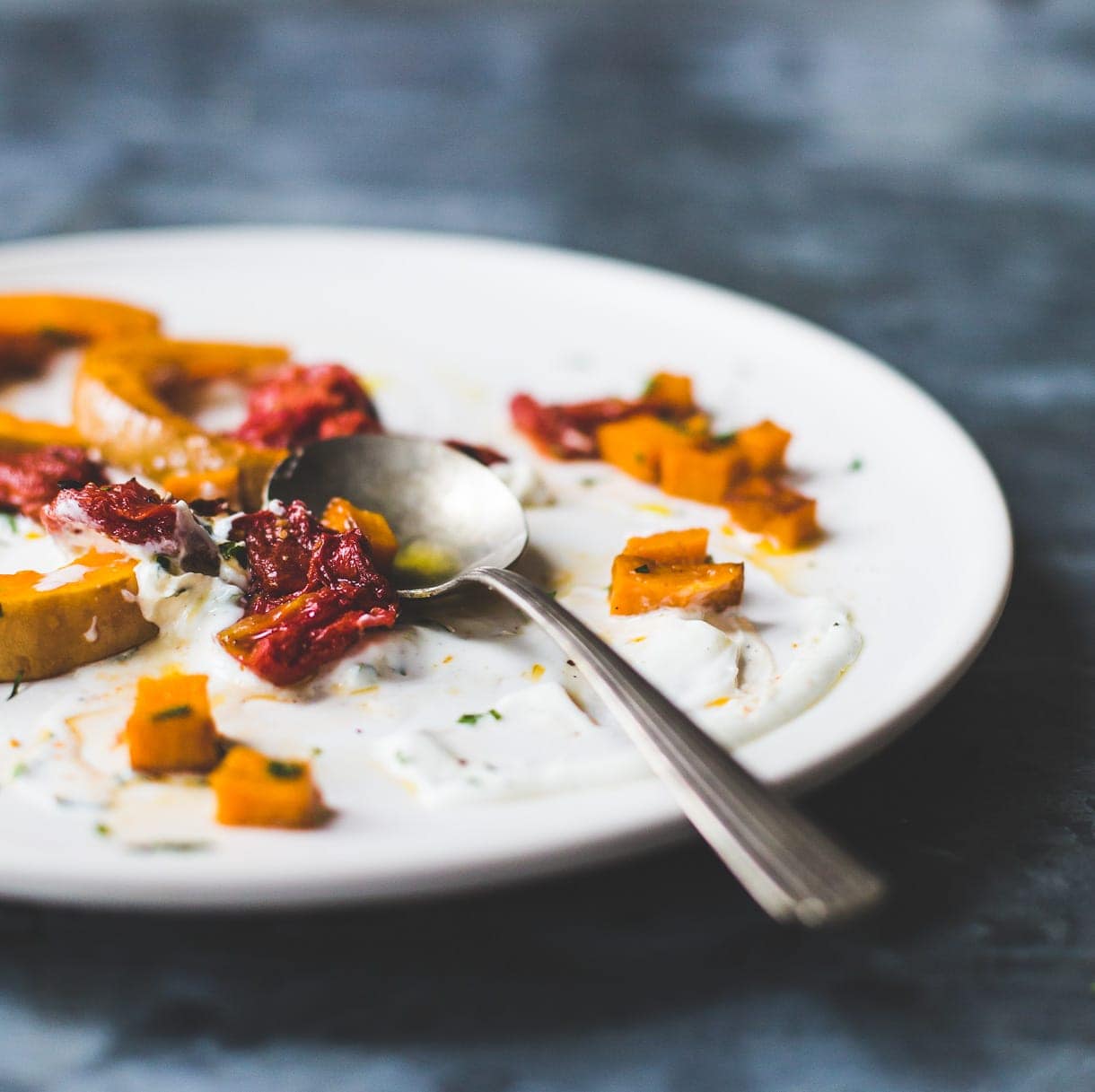 Roasted Tomatoes and Butternut Squash with Cardamom Yogurt Sauce