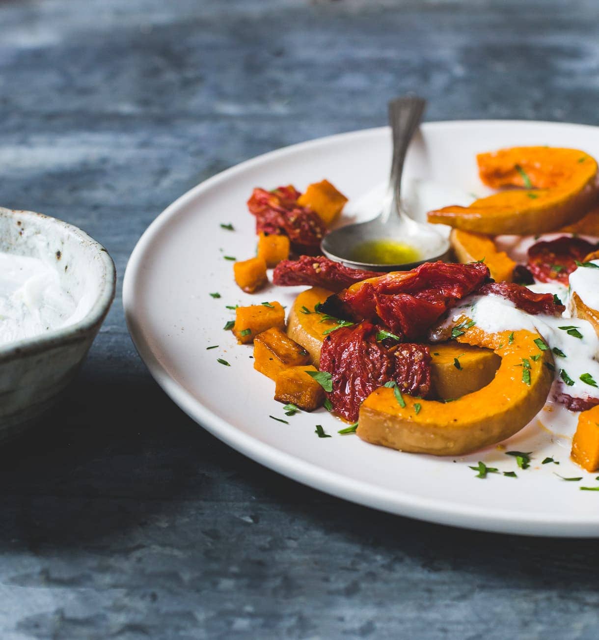 Roasted Tomatoes and Butternut Squash with Cardamom Yogurt Sauce