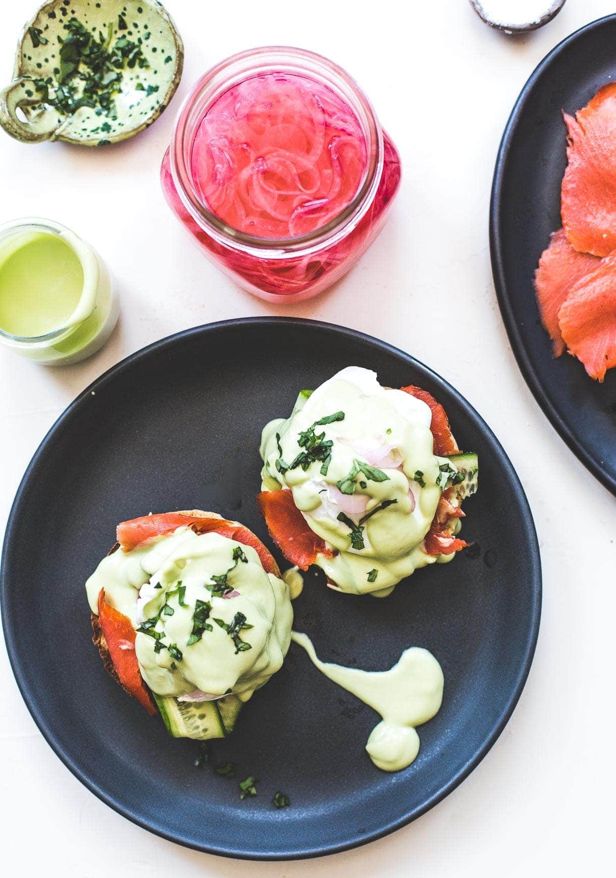 Smoked Salmon Eggs Benedict with Avocado Sauce