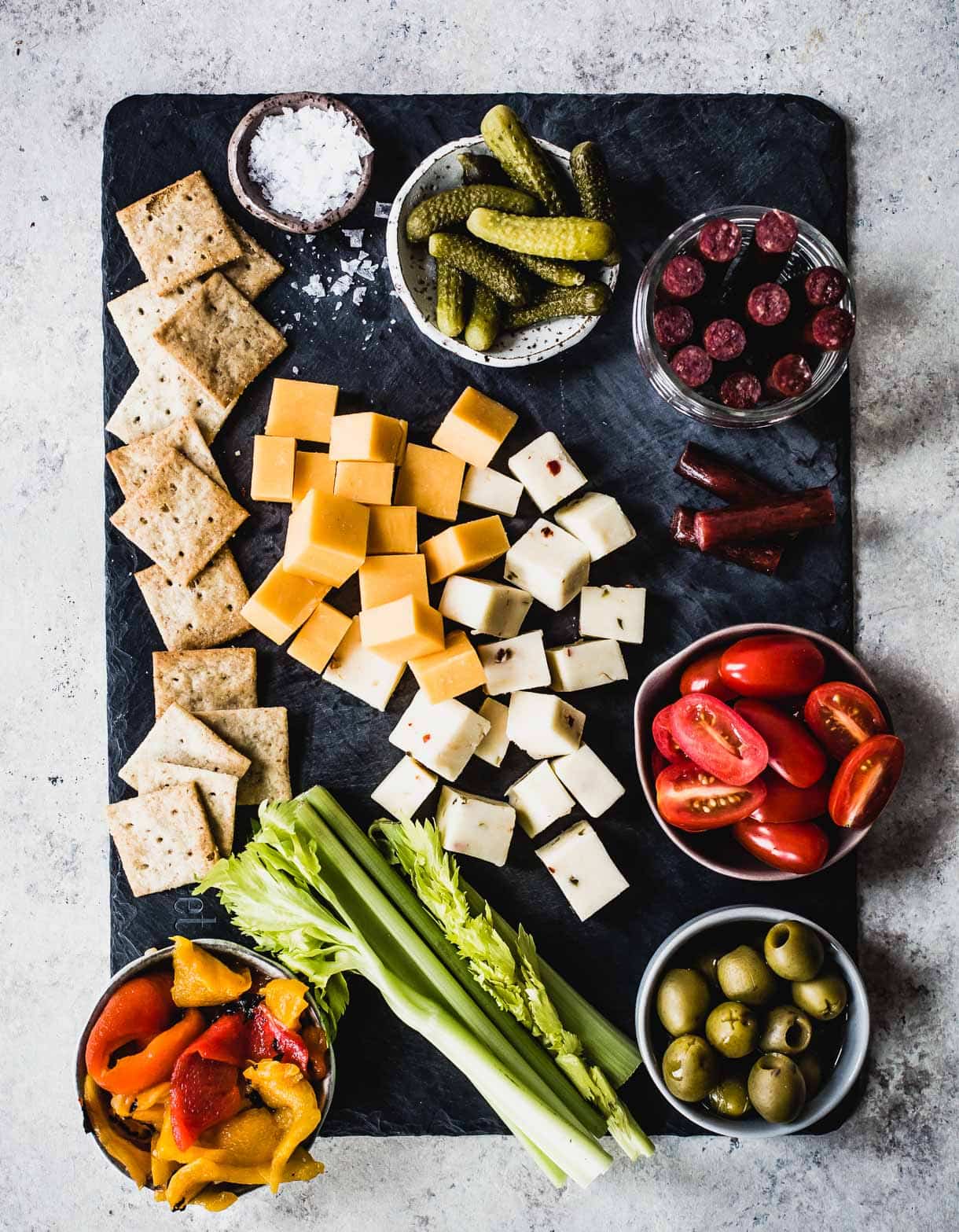 Bloody Mary Appetizer Board (all the fixings you normally love on a bloody mary skewer, made into a cheese board!)