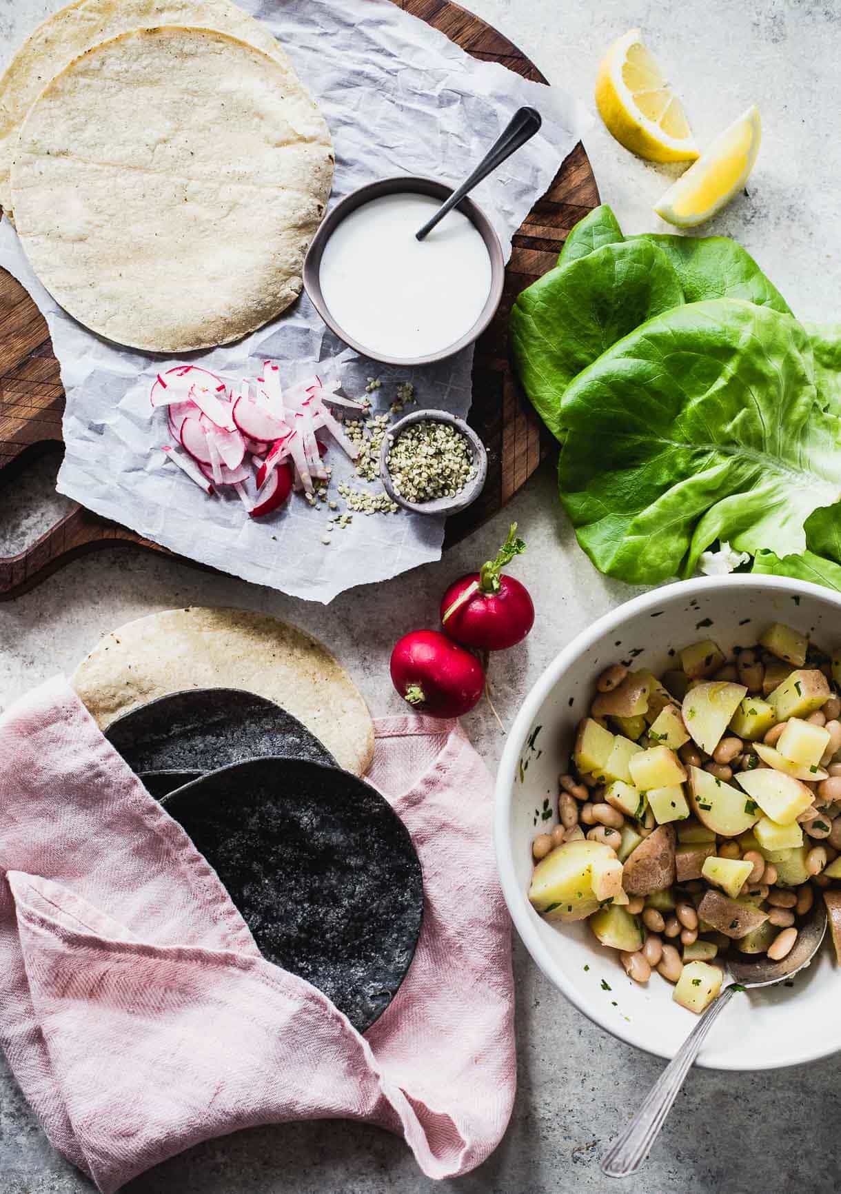Vegetarian Spring Tacos with White Beans and Potatoes, Garlic Yogurt Sauce