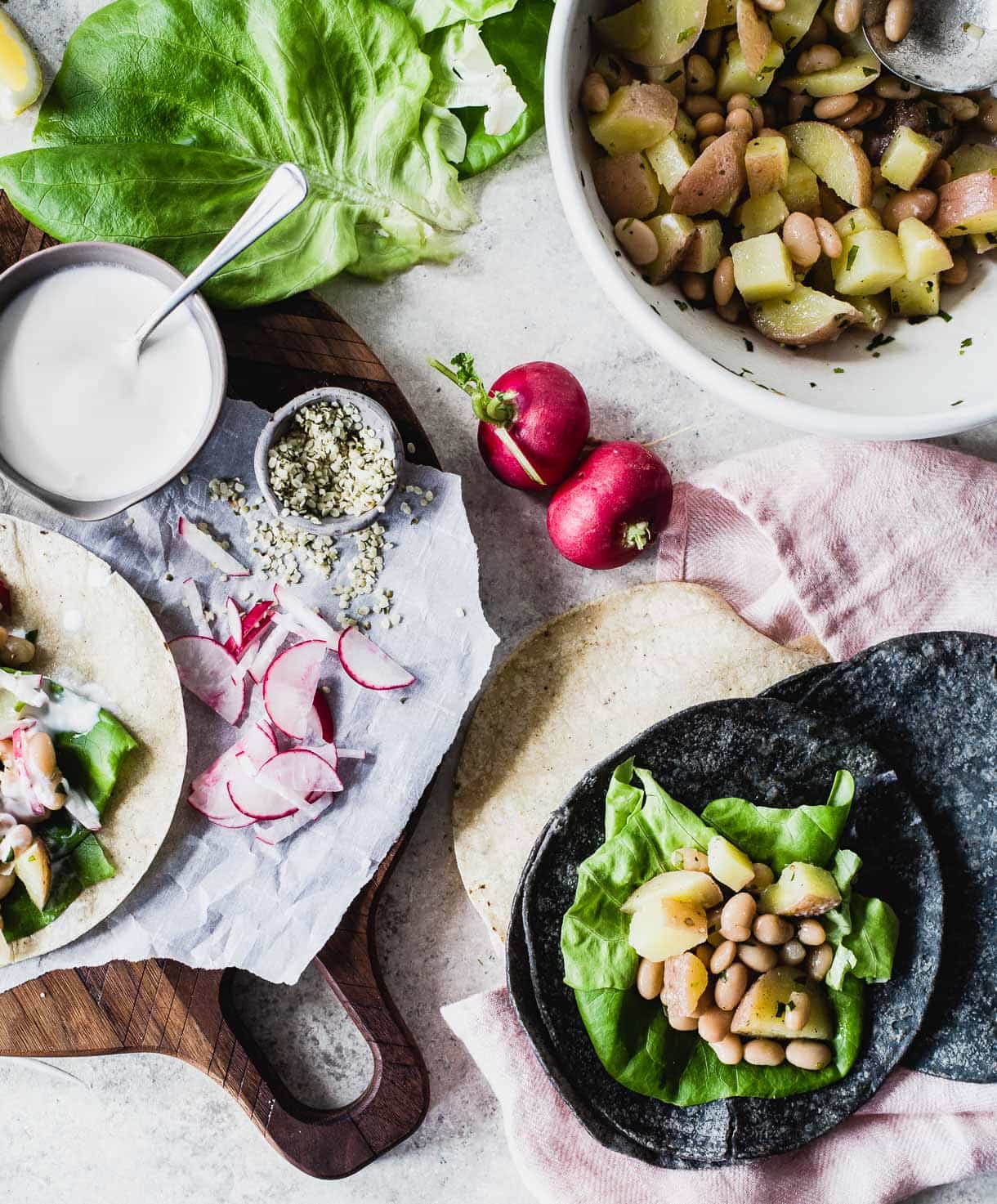 Vegetarian Spring Tacos with White Beans and Potatoes, Garlic Yogurt Sauce