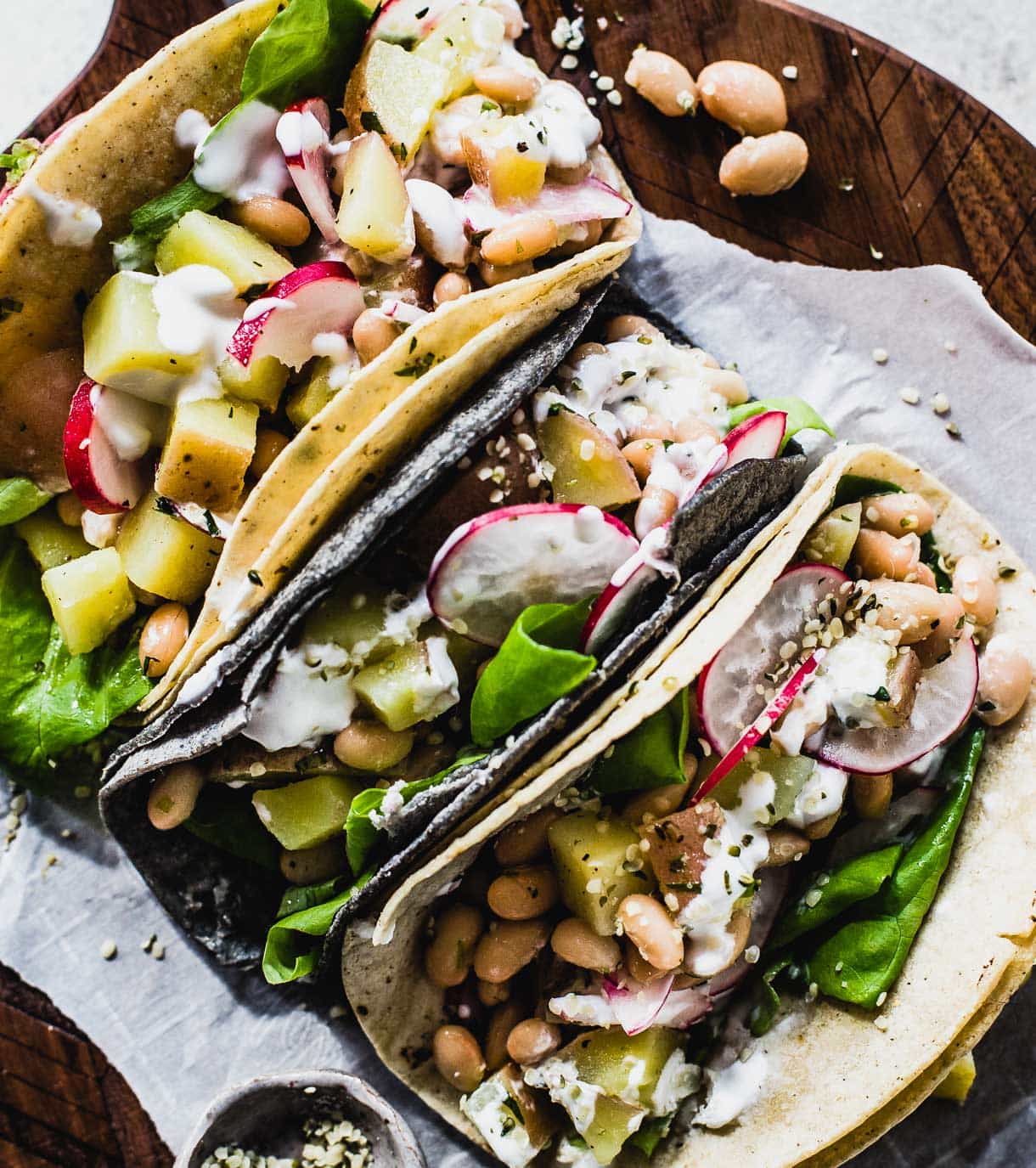 Vegetarian Spring Tacos with White Beans and Potatoes, Garlic Yogurt Sauce
