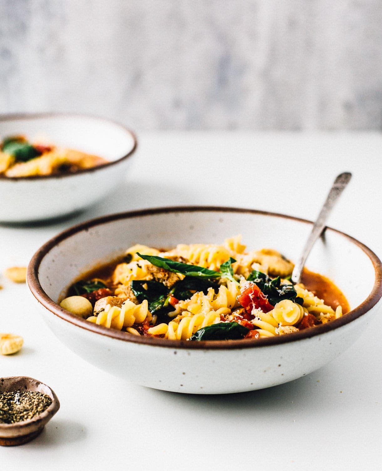 Turkey Tuscan Soup, made in one pot, with gluten free pasta noodles.