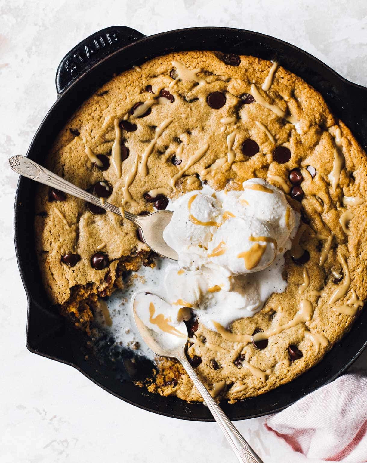 Tahini Chocolate Chip Skillet Cookie with vanilla ice cream