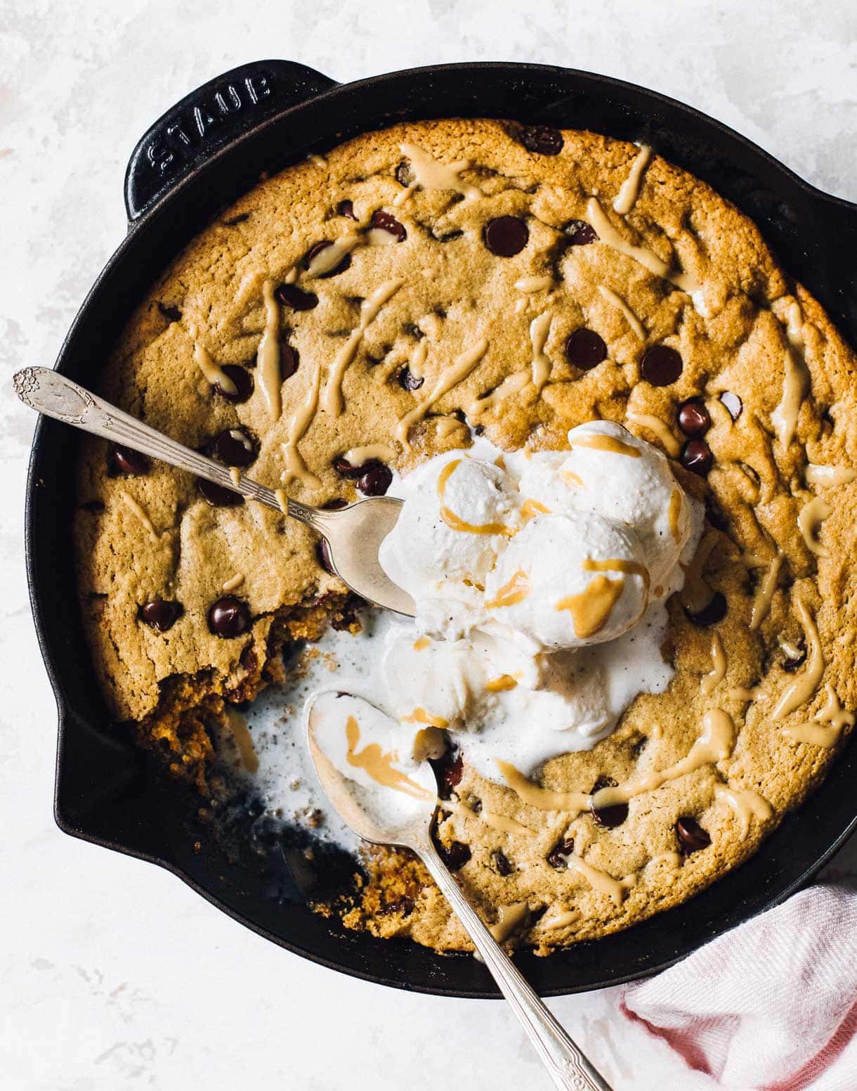 tahini chocolate chip skillet cookie with ice cream