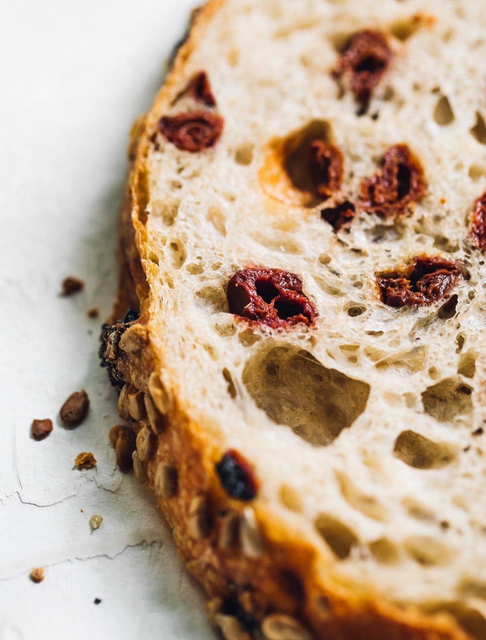 up close photo of tart cherry sourdough bread