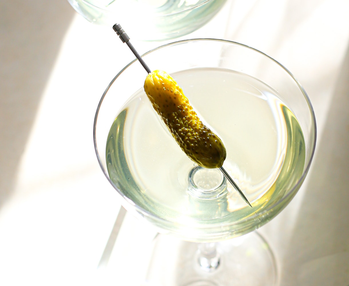 dill pickle martini in coupe glass