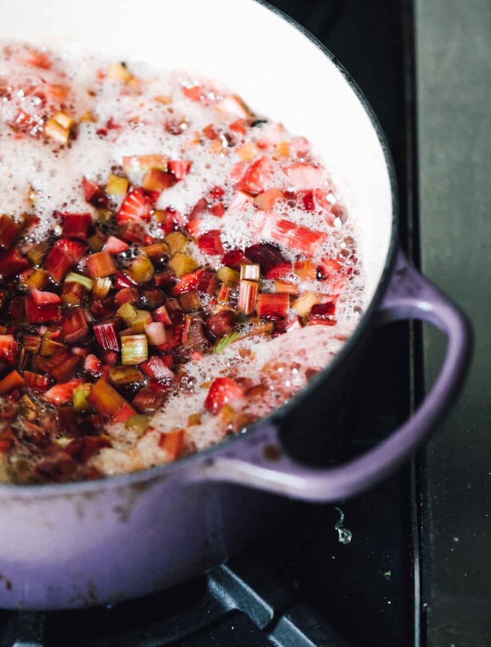 strawberry rhubarb jam cooking in pot