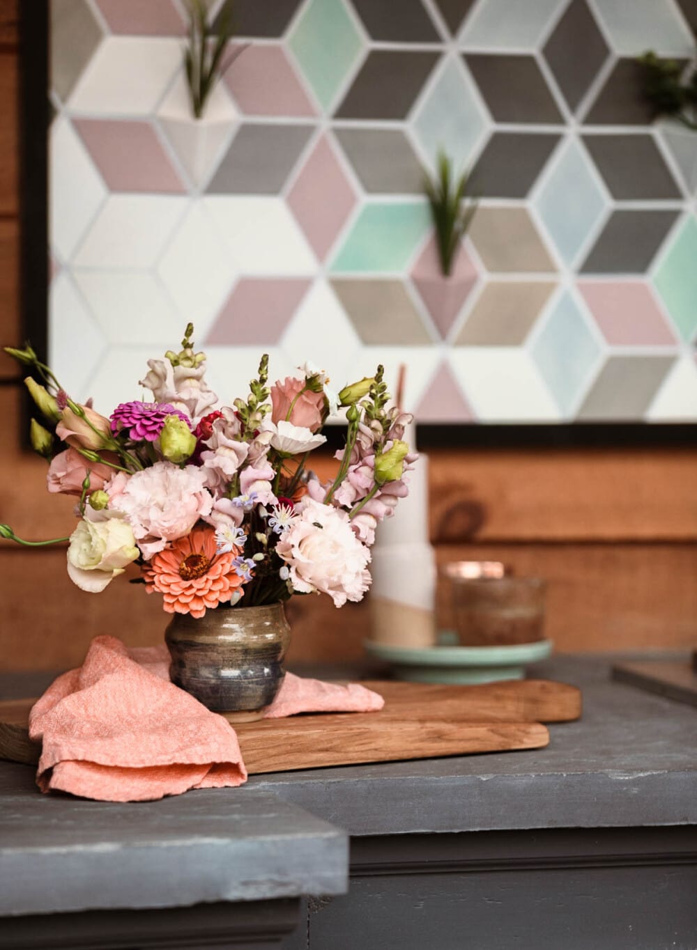 floral arrangement in outdoor kitchen