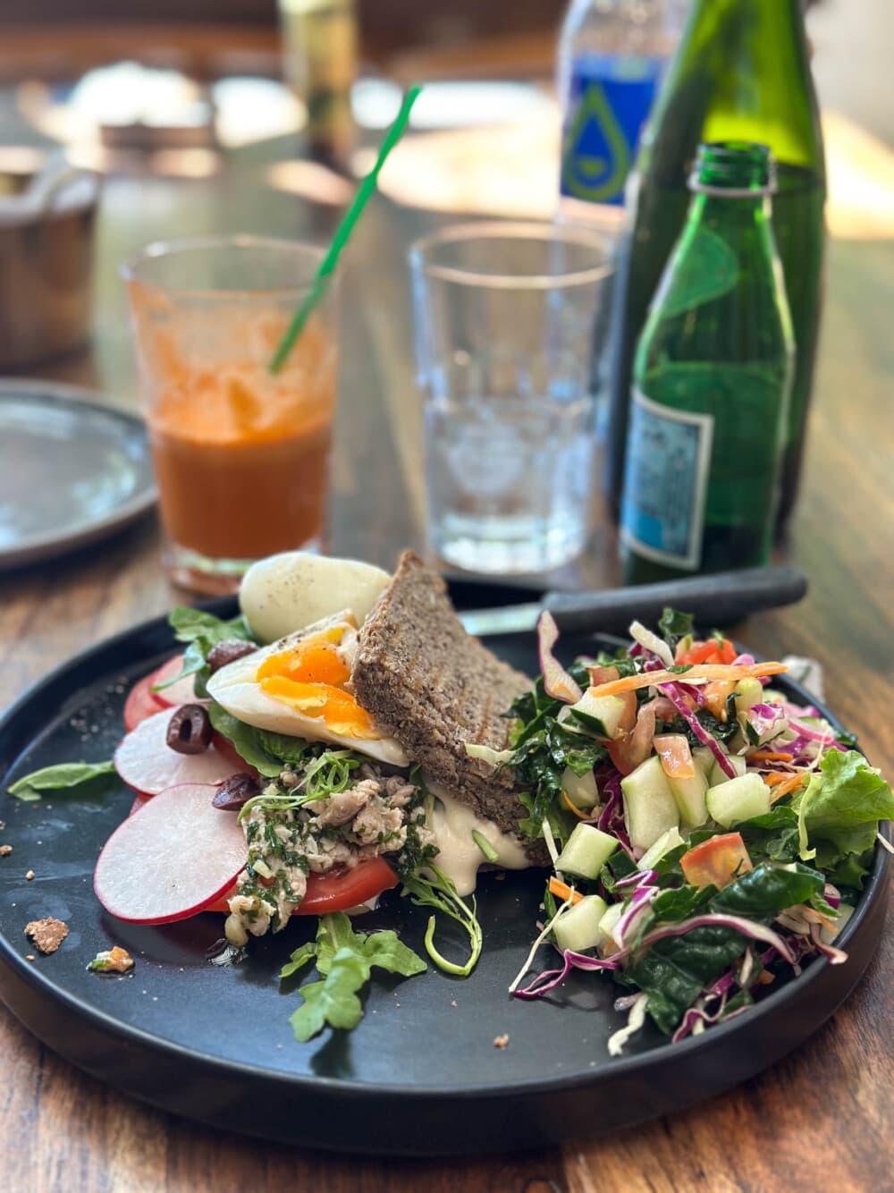 tuna breakfast toast on blue plate