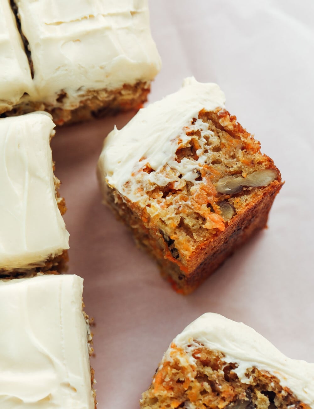 sourdough carrot cake bars cut into small pieces