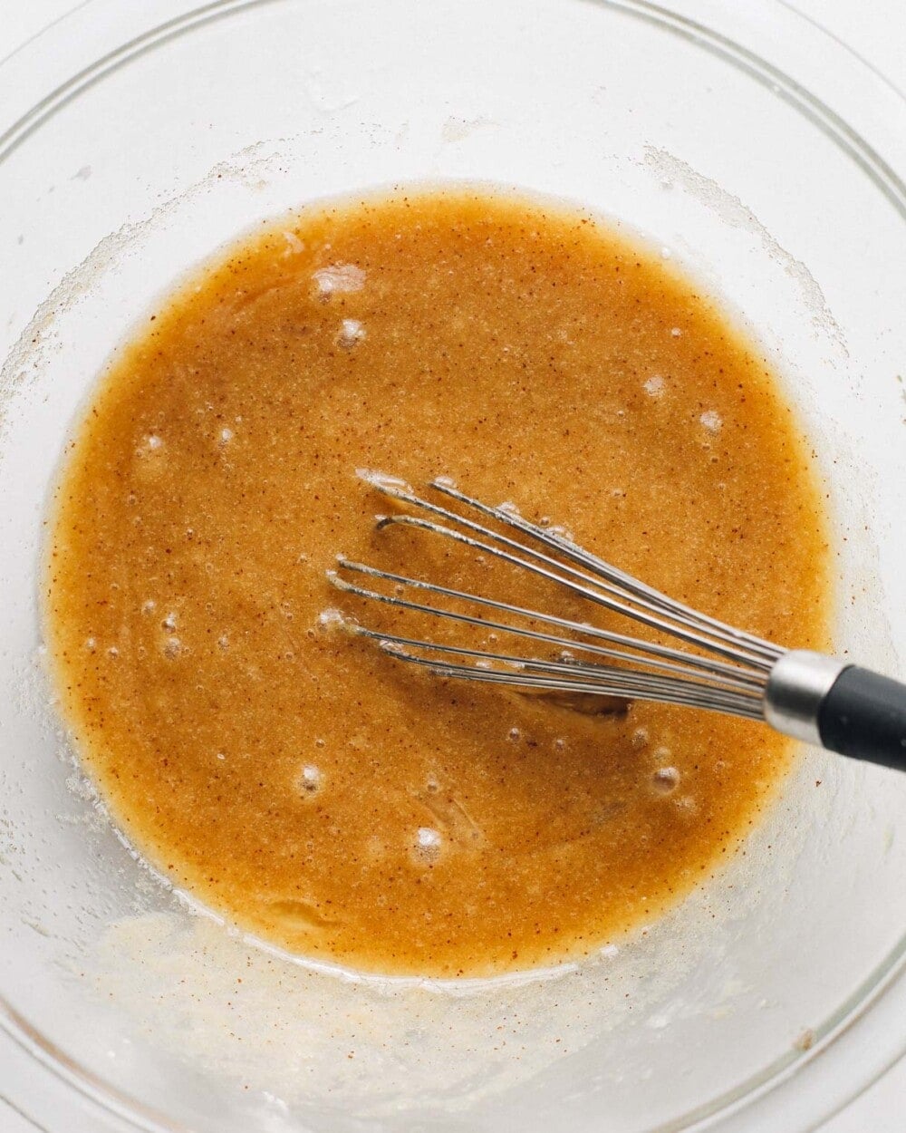 wet ingredients for sourdough discard chocolate chips, in a clear bowl