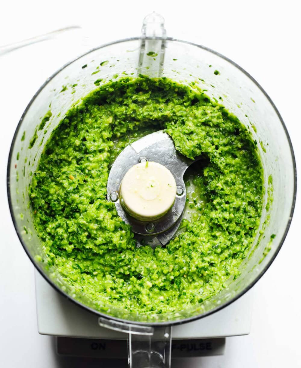 garlic scape pesto in a food processor
