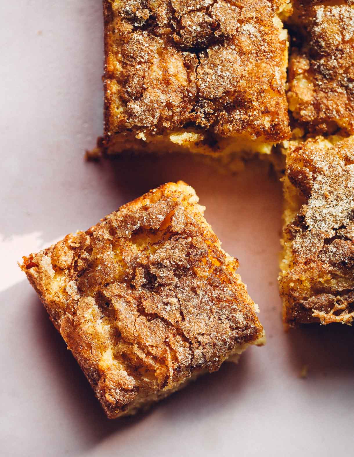 piece of sourdough apple cake on a pink backround